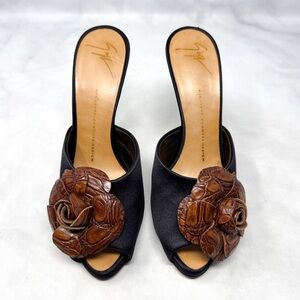 Giuseppe Zanotti Vintage Y2K Leather Flower Silk Platform Mule Sandal Heel Black